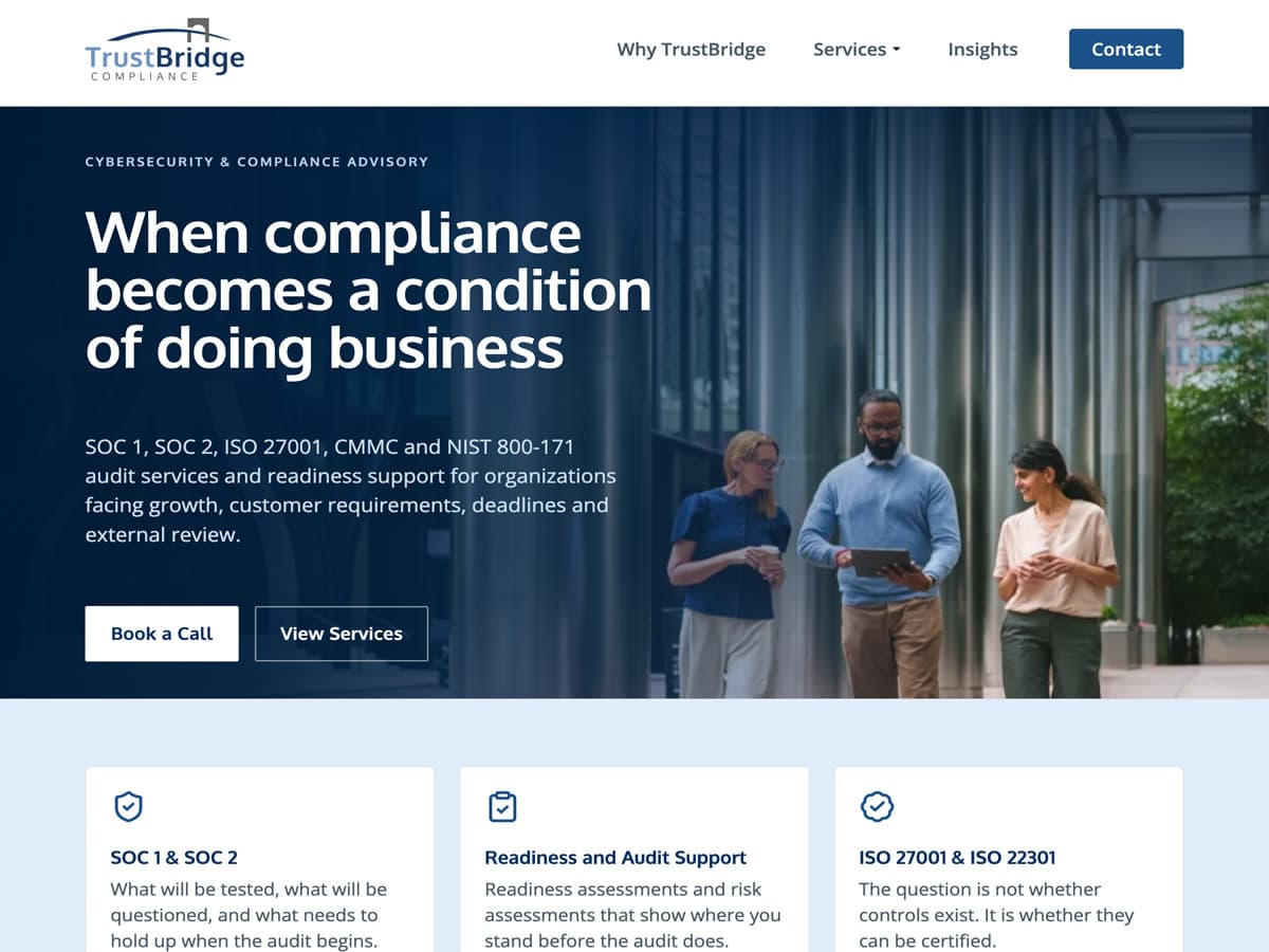 Desktop and mobile preview of the TrustBridge Compliance project